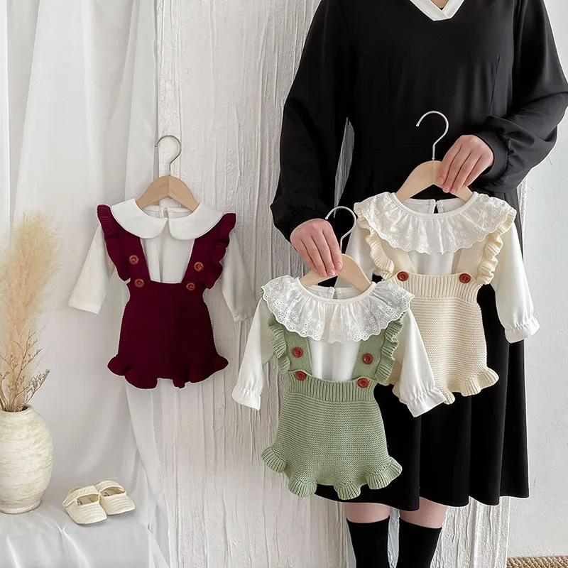 Baby Rompers 0-3T Girls Overall Baby Cute 3 Colors Knitted Flare Shoulder Strap Bodysuit Infant Sweet Rompers