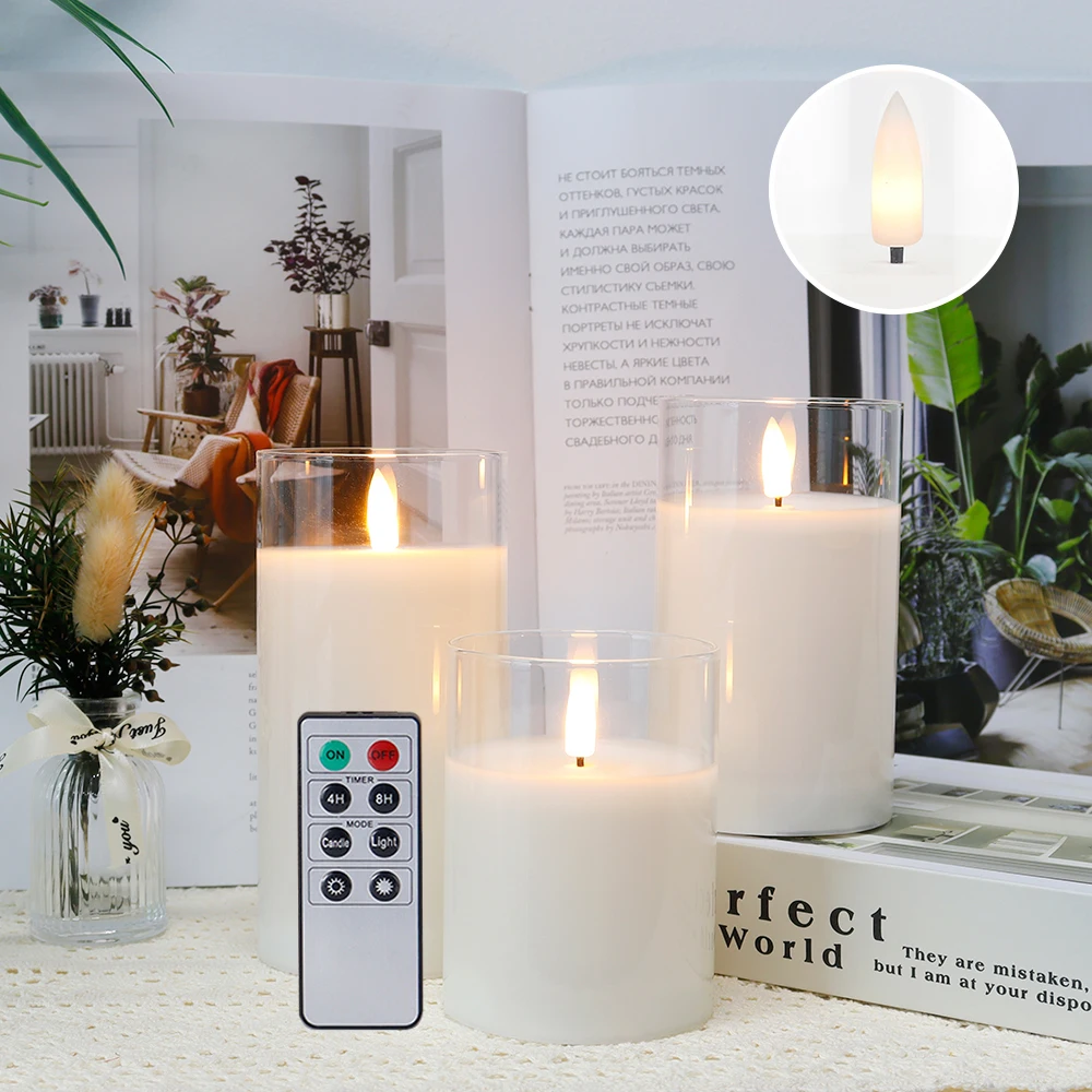 3 pièces bougies en cire de verre sans flamme effet 3D bougies LED bougies  en cire blanche à batterie avec télécommande à 8 clés décoration de la  maison