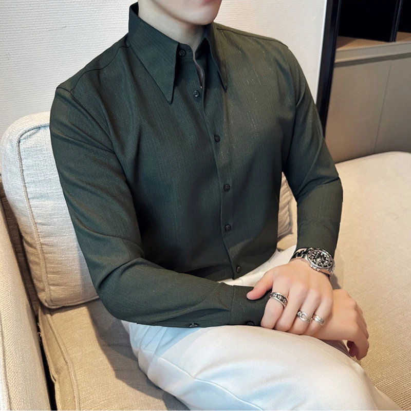 

Spring Summer British Stand-up Collar Business Social Shirt Men's Thin Fashion Slim Casual Solid Color Striped Gold Thread Shirt