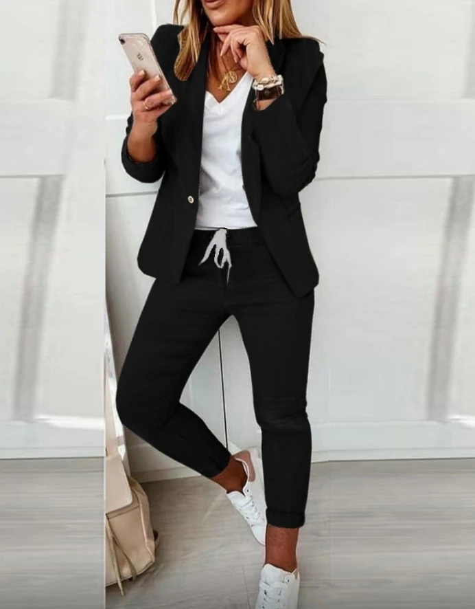 Women's Fashion Lapel Neck Suit Coat & Drawstring Pants Set Temperament Commuting Work OL 2024 New Women Elegant Blazer Sets