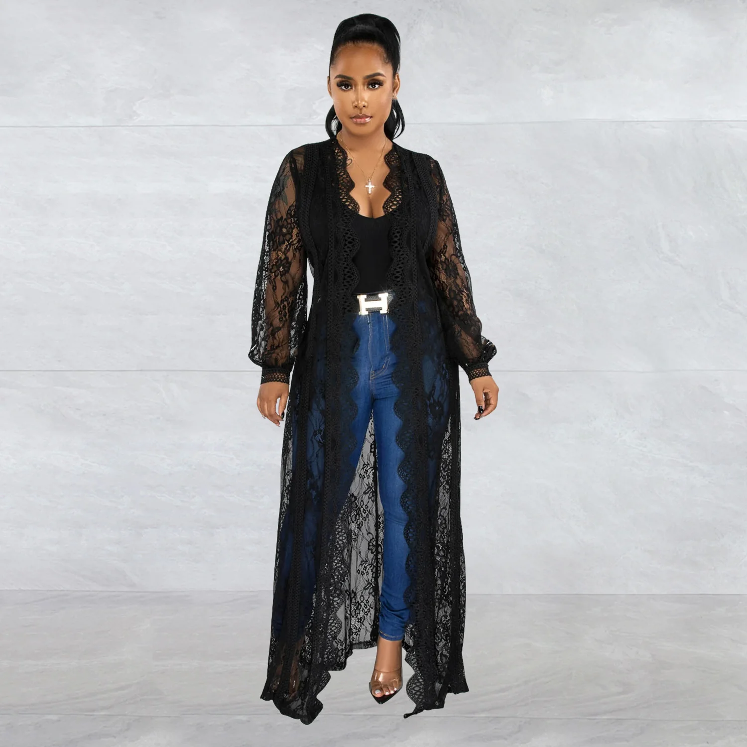 

Cutubly Casual Solid Wavy Lace Loose Shirt Fashion Long Sleeve Hollow Out Sheer Blouse Y2K Long Top For Women Club Party Summer