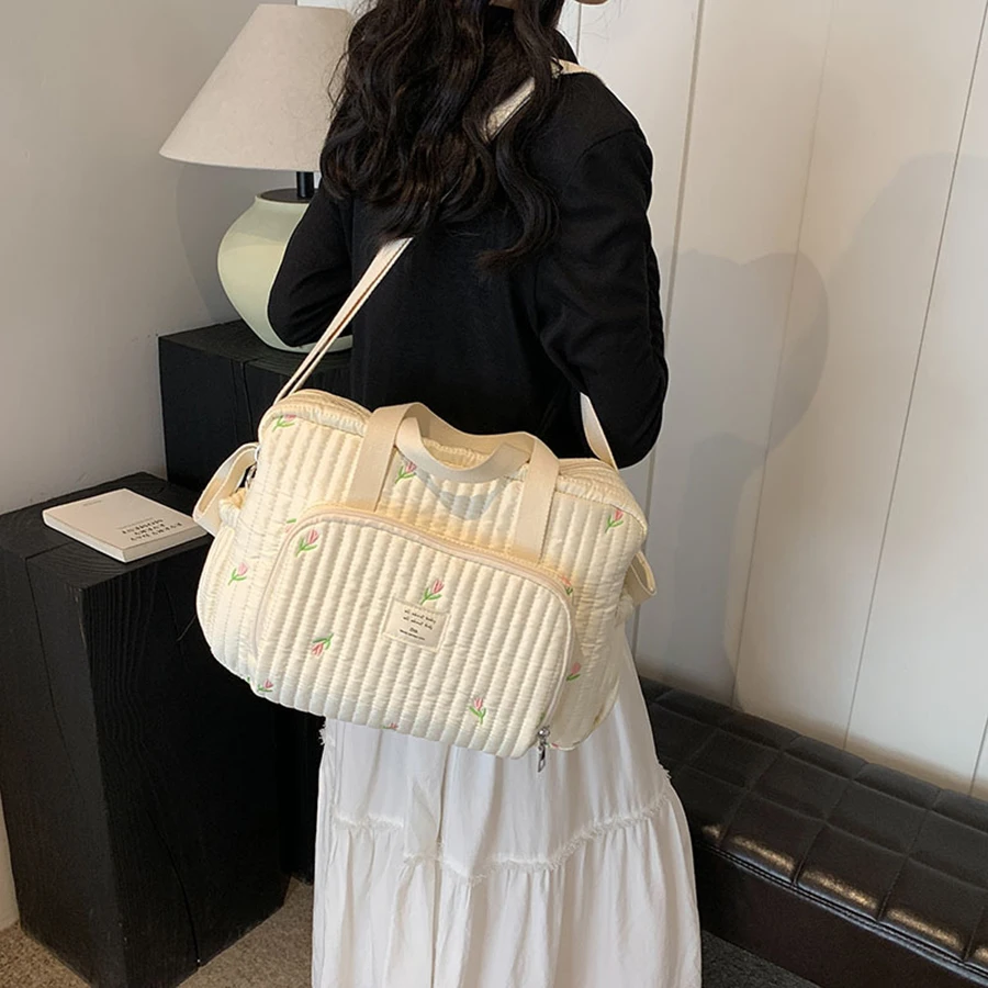 Cute Bear Flower Embroidery Pattern Baby Beige Cotton Fabric Zipper Diaper Handbag New Luggage Bag 6