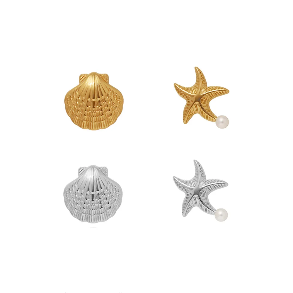 New Shell Scallop Asymmetrical AB Version Starfish Pearl Stud Earrings Stainless Steel Plated 18K Gold Ocean