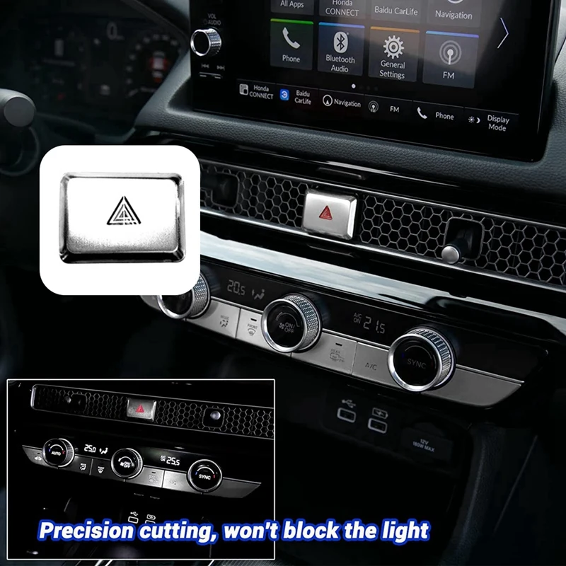 Car Warning Emergency Light Switch Button Cover Sticker Trim Parts For Honda Civic 11Th Gen Aluminum Alloy Silver