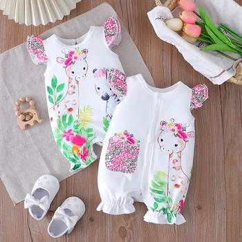 2025 Summer New Baby Cartoon Print Animal Pure Color Casual Versatile Romper Two-Piece Set