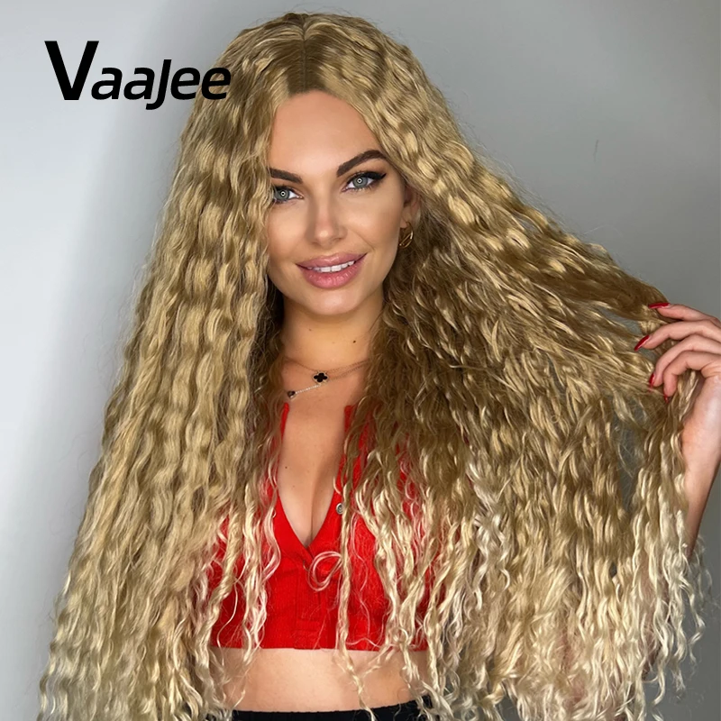 VAAJEE Long Deep Wave Curly Wig Synthetic Hair for Women Ombre Blonde 22-30 inch Cosplay Bob Wavy Wigs Heat Resistant Hairs