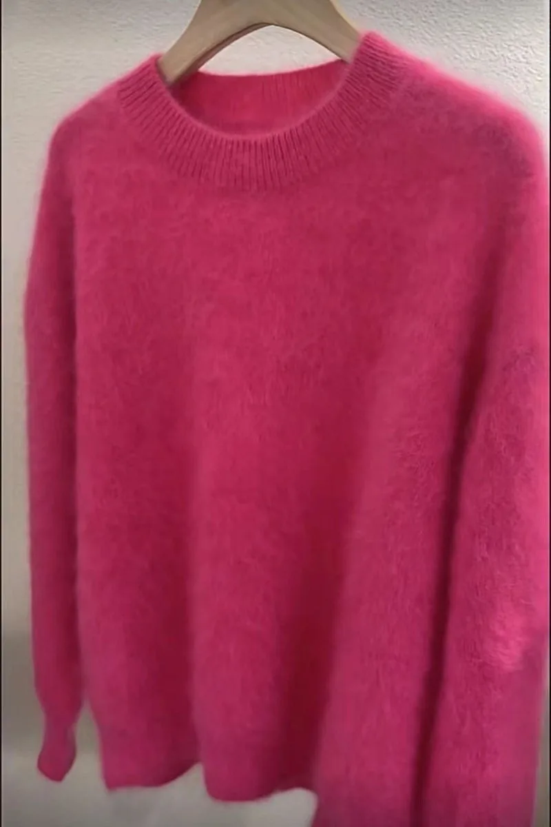 New Autumn Winter Rose Red Mohair Knitted Thick Sweaters
