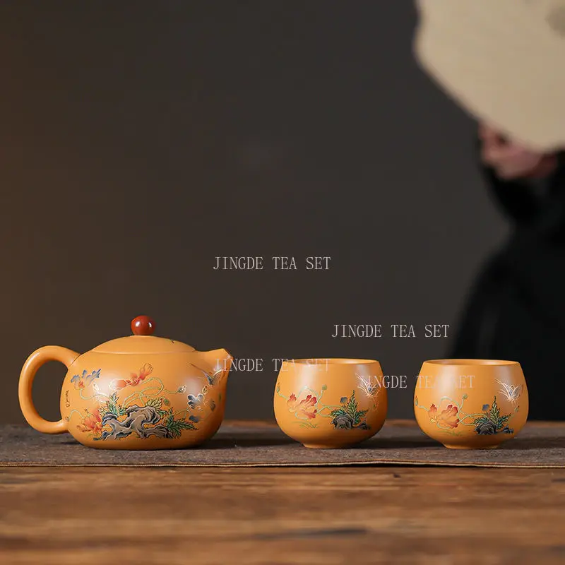 A set of purple clay teapot two cups of Xi Shi tea pot tea cup Chinese hand-painted portable Kung Fu tea set