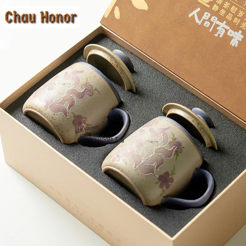 430ml Pure Hand-drawn Nine-tailed Fox Filter Tea Separator Cup Luxury Tea Mug with Infuser Tea Maker Office Water Cup Cafes