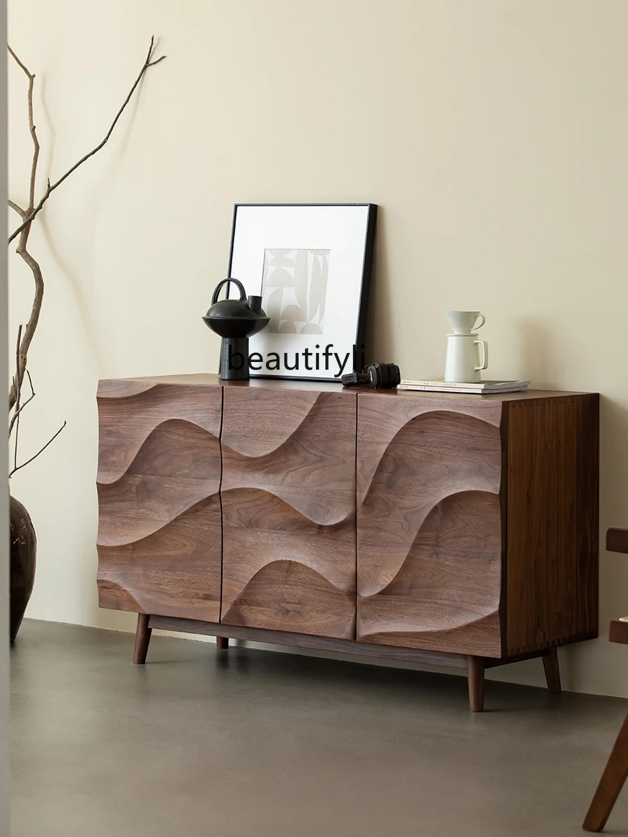 

Modern minimalist living room art entrance cabinet shoe cabinet integrated solid wood black walnut wave sideboard