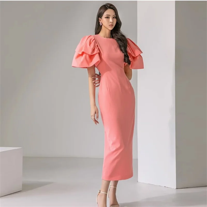 

2023 Summer New Fashion Celebrity Style Orange Pink Slim Long Dress Stacked Sleeves Bright Temperament Women's Dress Skirt