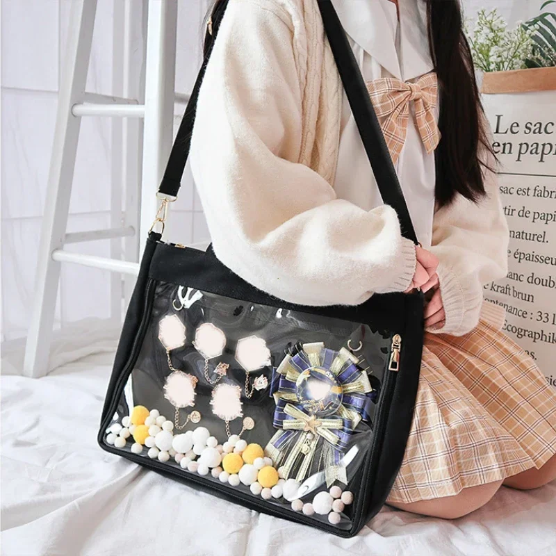 Big Ita Bag Black with Insert Japanese Cute Clear Women Double Straps Girls Kawaii Transparent Shoulder Bag Purses and Handbags