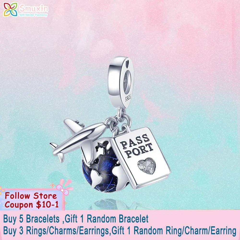 

Smuxin 925 Sterling Silver Beads Airplane Passport Earth Charm fit Original Pandora Bracelets Fashion Fine Jewelry Gift
