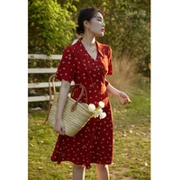 DUSHU Women Dress Summer Retro Red Floral Chiffon Dress Office Lady Short Sleeve A-LINE Skirt Clothes For Women Print Dresses