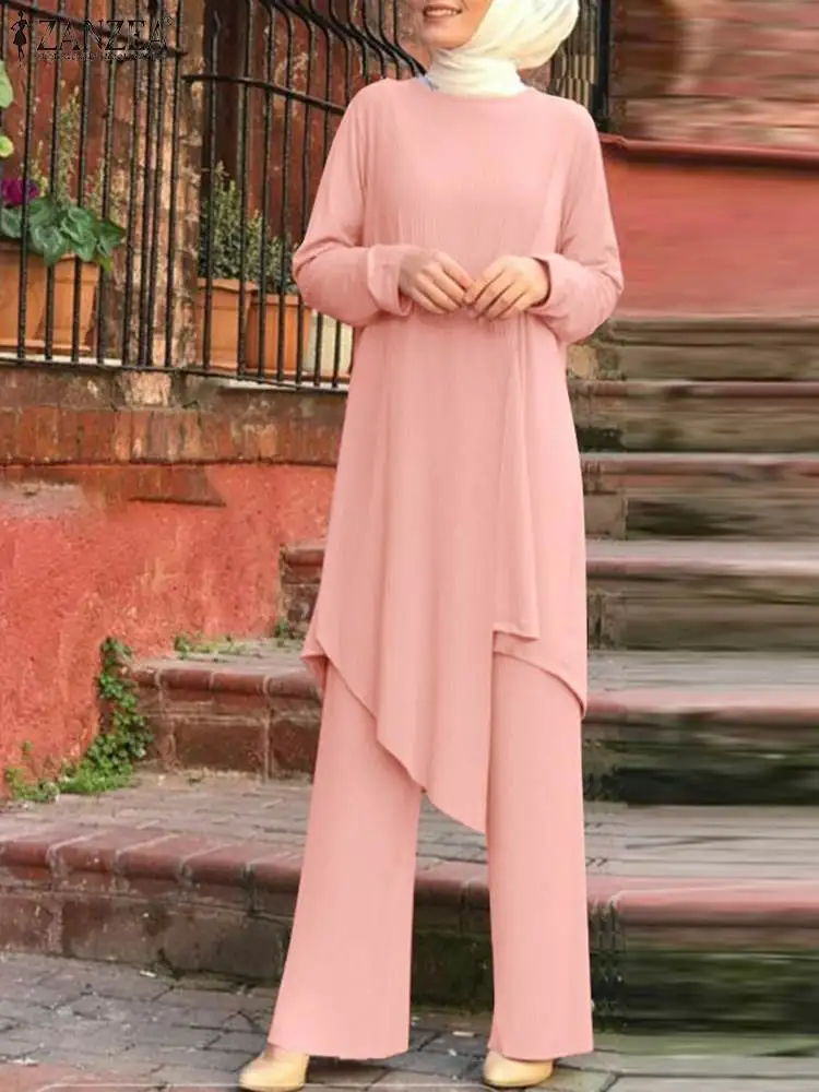 

Muslim Matching Sets Women Blouse Suit ZANZEA Turkey Outfits Fashion Long Sleeve Asymmetrical Shirt and Pants Ramadan Abaya Set