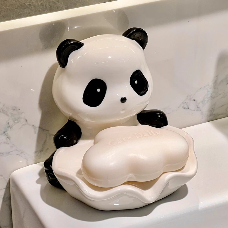 Ceramic Panda Shaped Soap Dish Storage Rack, Bathroom Supplies, Creative Light Luxury, High Beauty, Cute Drain, No Punching, 1Pc