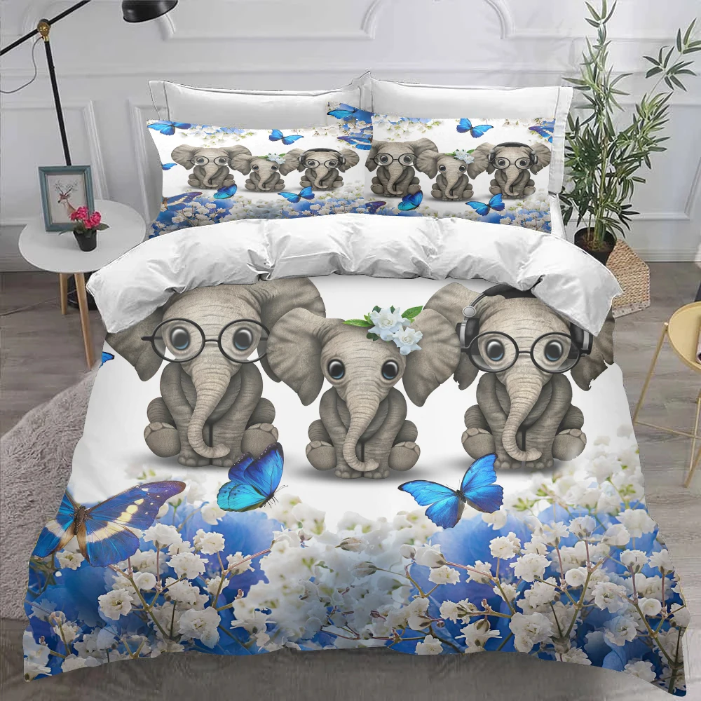 

TOADDMOS Children Duvet Cover Set Pillowcase Cute Elephant with Floral Butterfly Printing Bedding Set for Kids Girls Quilt Cover
