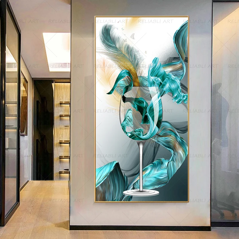 

Wine Cups Posters and Prints Golden Luxury Canvas Entrance Painting Wall Art Pictures for Living Room Hotel Modern Home Decor