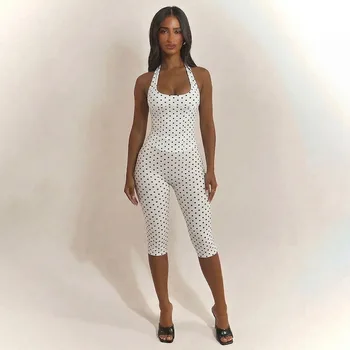 Polka Dot Print 2 Piece Pant Sets Women Casual Bandage Halter Backless Crop Top Pants Matching Sets Beach Vacation Streetwear