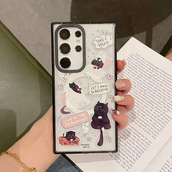 Black Cat Acrylic Black Border Protective Case for Samsung Galaxy S22U S23U S24 Ultra Shell with MagSafe