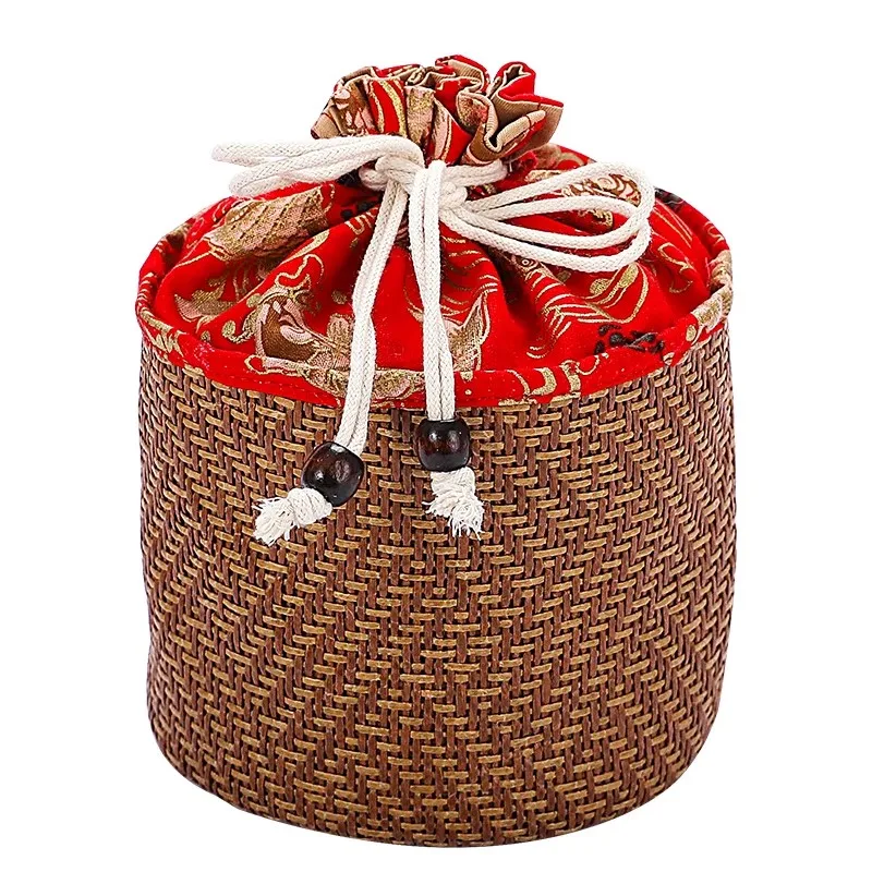 Handwoven Rattan Tea Canister Bag - Round Bottom Drawstring Gift Pouch for Loose Tea & Tea Set Storage - Portable Woven Tea Leaf