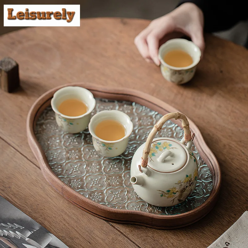 Begonia Flower Glass Dry Bubble Tray Small Tea Table Tea Tray Pot Tea Tray Dry Fruit Snack Plate Tray Storage Home Decoration