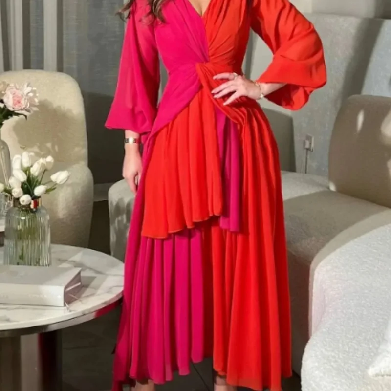 

Contrast pleated women's Saudi Arabian ball dress 2024 new long sleeved V-neck evening formal dress