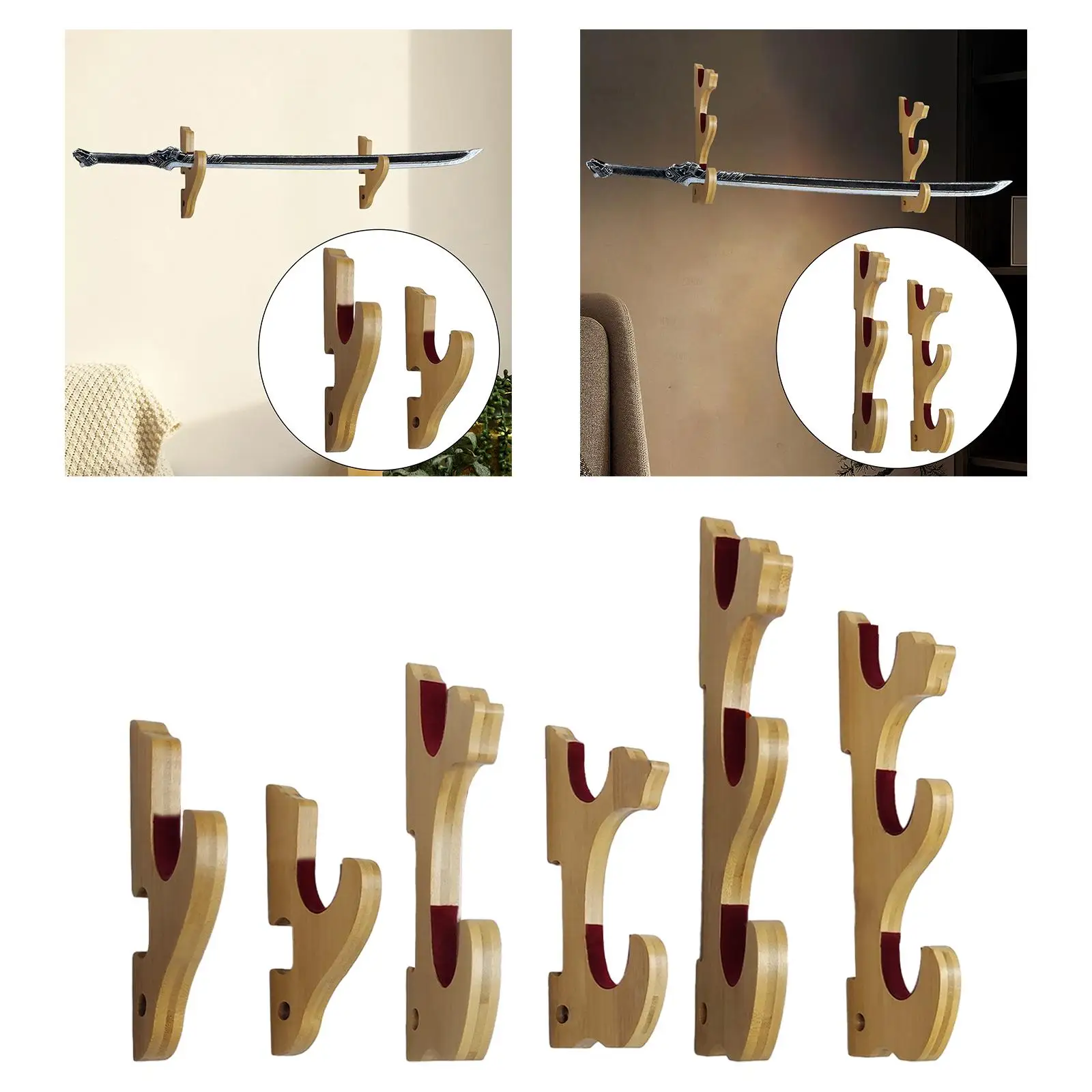 Wall Mounted Sword Display Stand Bamboo Multipurpose Easy Installation Velvet Padded Sword Holder for Flute Fishing Rods Tanto