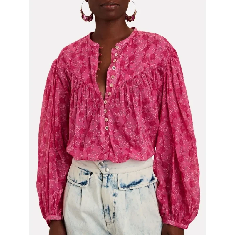 

2024 New Spring Women Floral Print Shirt Vintage Single Breasted Long Lantern Sleeve Ladies O-neck Fashion Blouses Tops Jacket