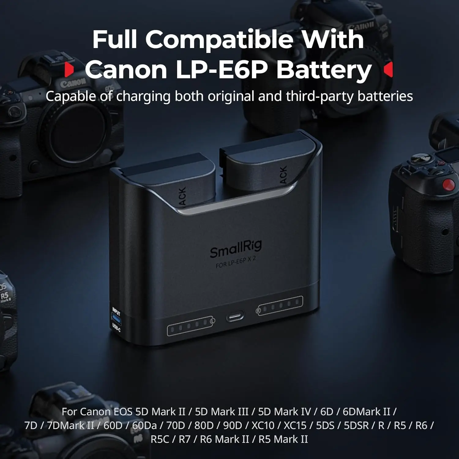 SmallRig LP-E6P LP-E6NH LP-E6N LP-E6 2시간 듀얼 슬롯 카메라 배터리 충전기 (캐논 EOS R6 Mark III R5 Mark II R7 5D Mark II 용)