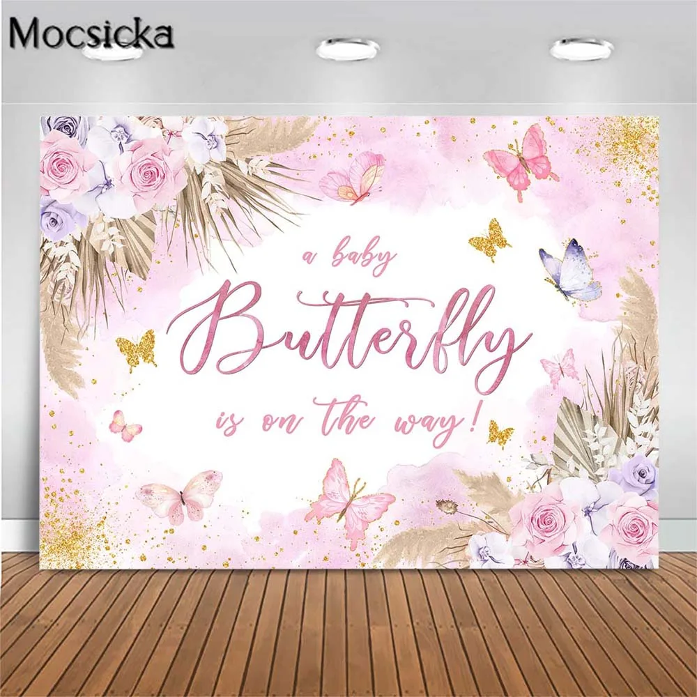 

Mocsicka Girl Baby Shower Backdrop a Baby Butterfly is on The Way Welcome Party Background Newborn Custom Banner Photocall Props