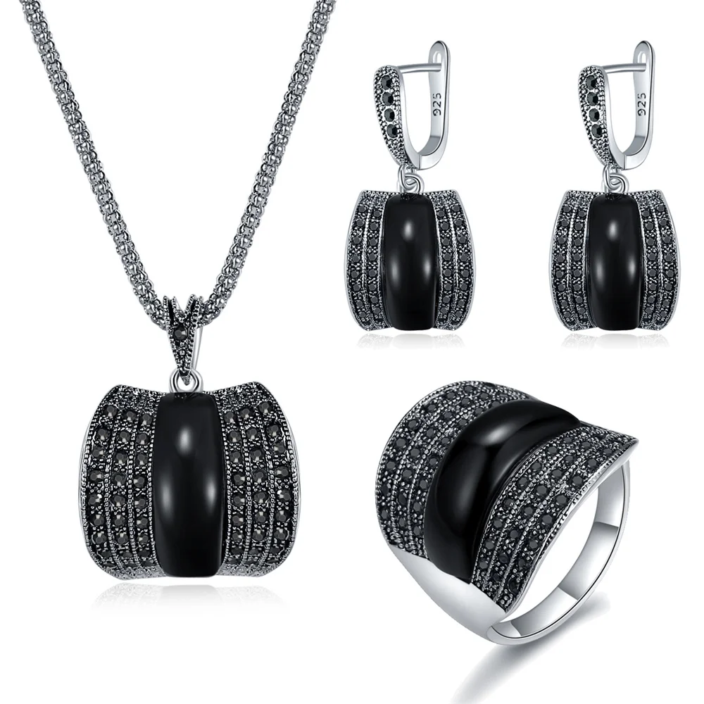 Antique Silver Color Women Jewelry Set Geometric Green Stone Ring Necklace And Earrings Sets