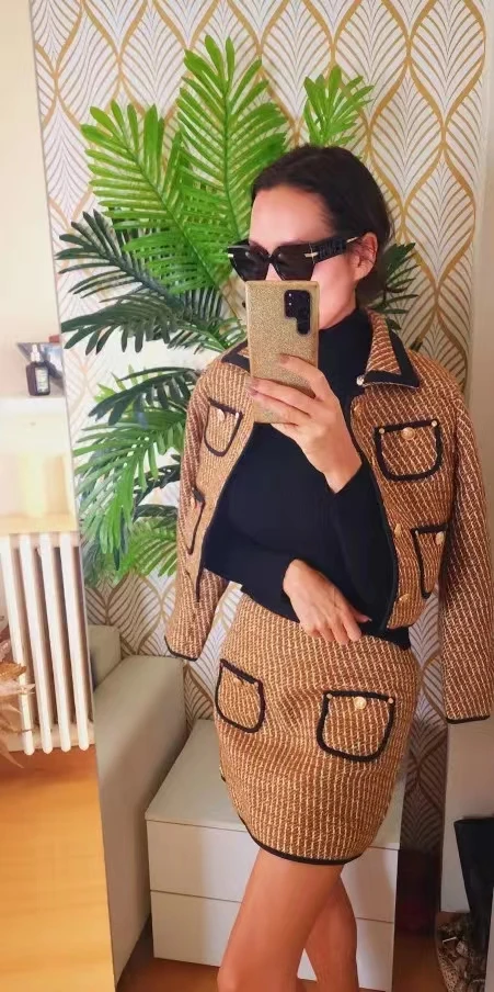 Women Elegant Vintage Tweed Luxury Suit Jacke Coat Top And Skirt Two Piece Set Yellow Outfit Winter Jacquard Prom Party Clothing