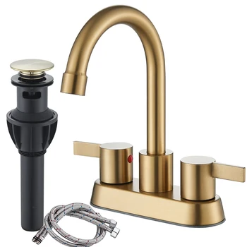 4 Inch 2-Handle Brushed Gold Bathroom Faucet for Lavatory with Pop-up Sink Drain and Faucet Supply Lines 1