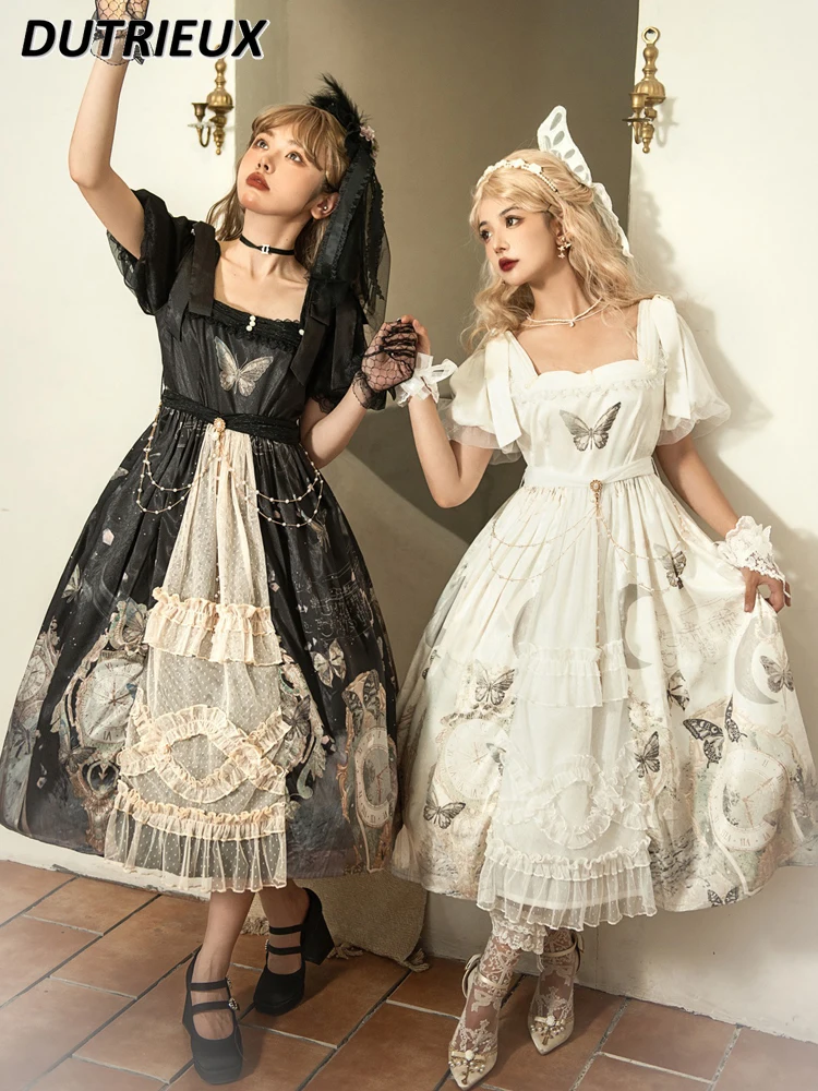 

Original Genuine Butterfly Print Lolita Sweet Girl Princess Exquisite Dress Halloween Costume Op Short Sleeve Mid-Length Dress