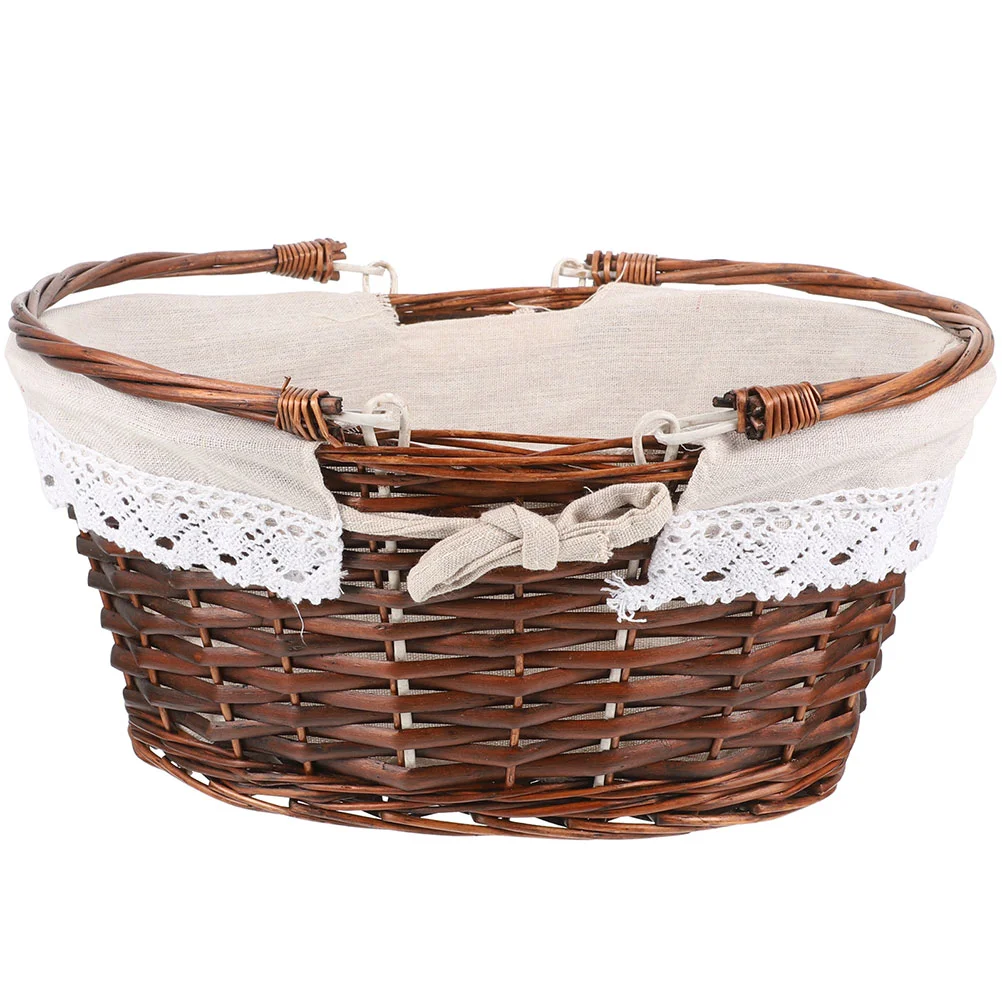

Wicker Basket Handle Willow Picnic Basket Cloth Lining Hand Woven Harvest Basket Easter Candy Storage Wine Basket Egg