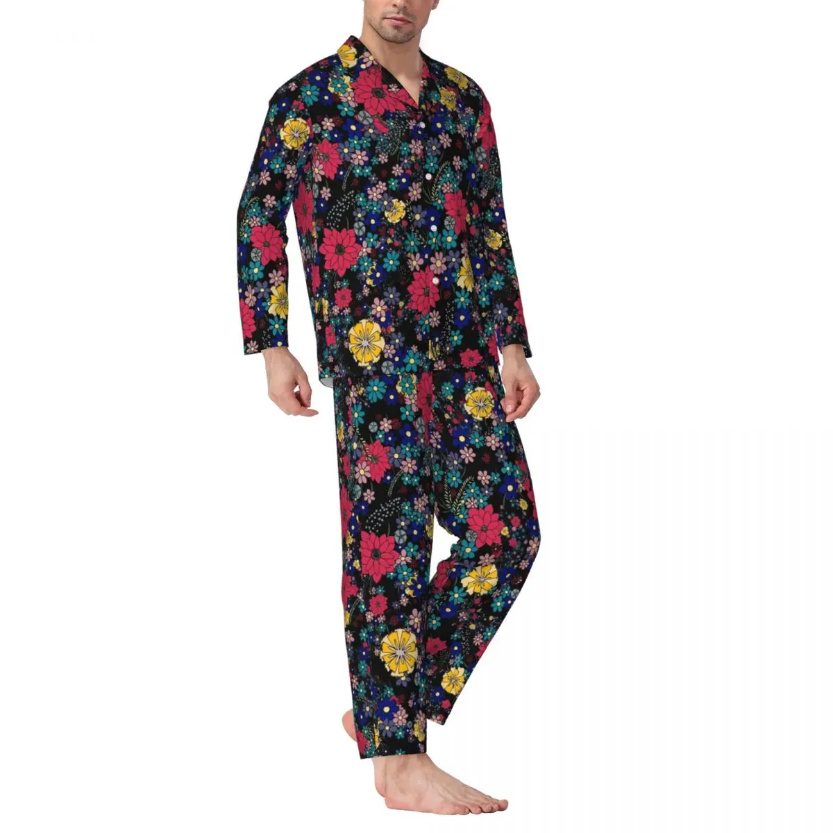 

Pajamas Male Ditsy Floral Night Sleepwear Red And Yellow 2 Pieces Casual Pajama Set Long Sleeve Fashion Oversized Home Suit