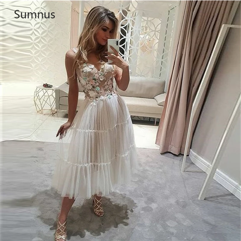 

Sumnus Elegant Short Prom Dress 2022 Tulle Lace Appliques Sweetheart Keen Length Vestidos De Gala Robes De Soirée Party Grown