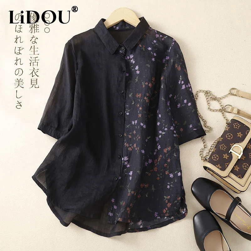 Summer New POLO Collar Floral Printing Contrast Color Short Sleeve Shirt Women Thin Style Single Breasted Loose Casual Cardigan