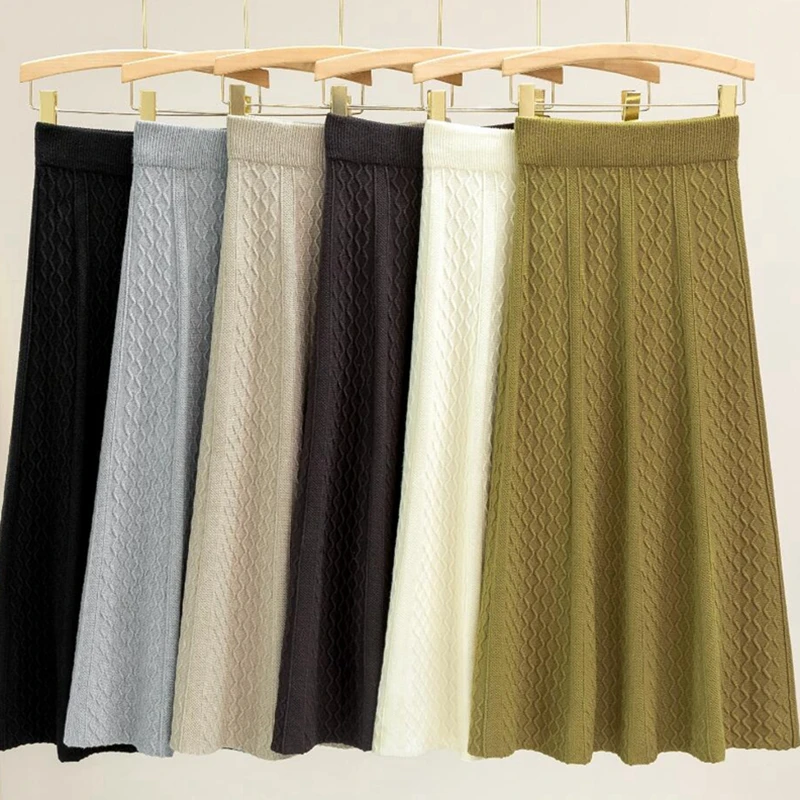 

Autumn Winter Pleated Knitted Skirt Women Korean Fashion Elastic High Waist A-LINE Stripe Mid-Calf Long Skirt