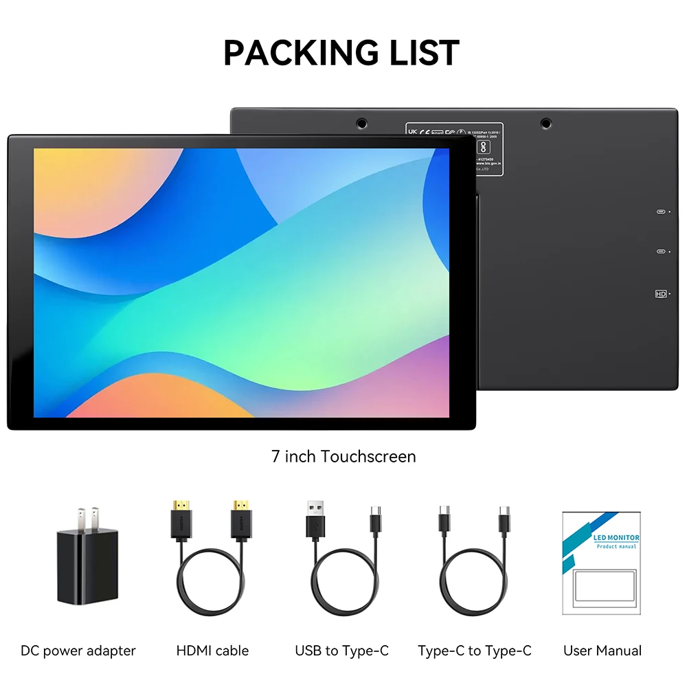 7인치 1280x800 HD 터치 휴대용 모니터, 60Hz IPS 디스플레이, USB Type-C HDMI 지원, 게임 및 사무용 정전식 터치스크린