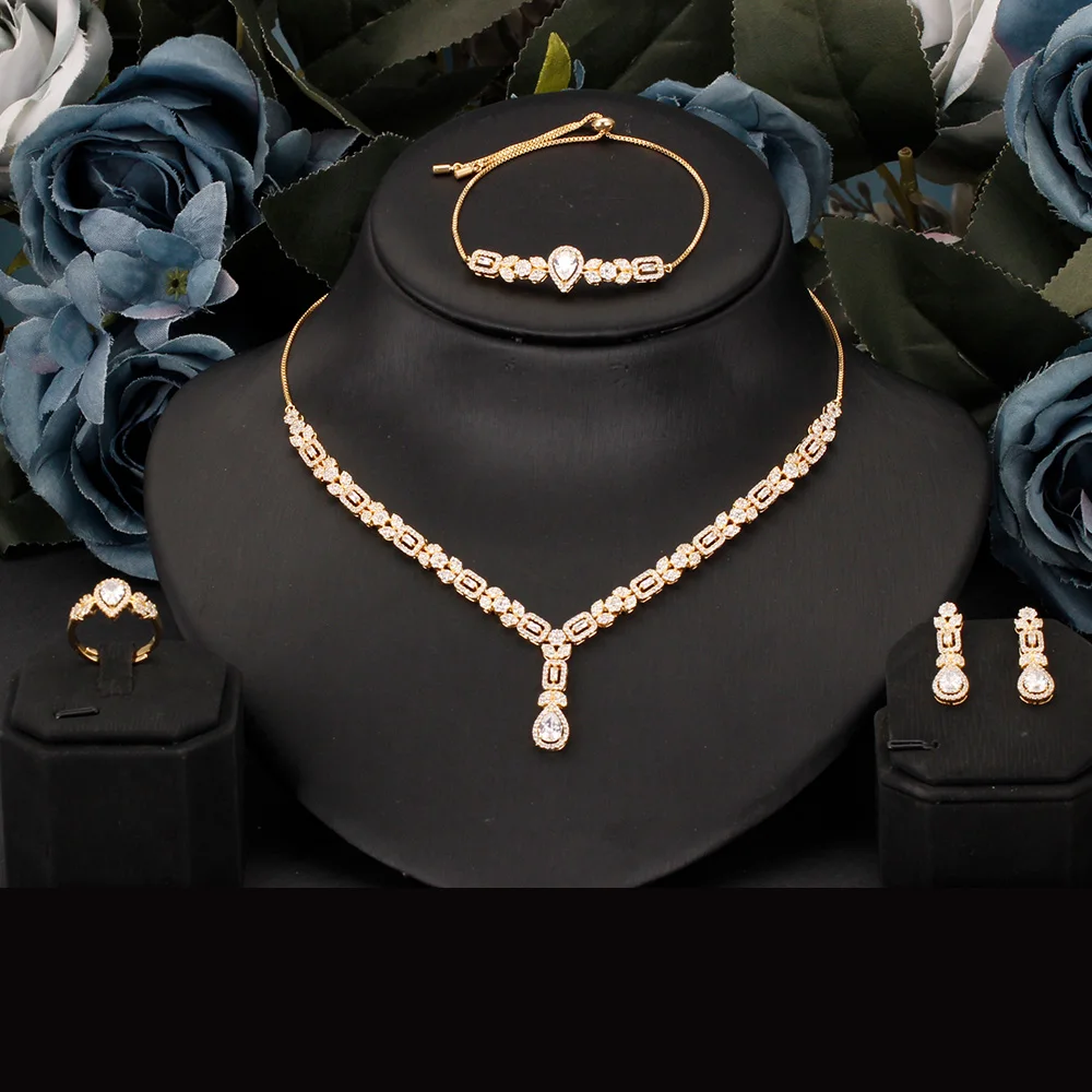 

Trendy fashion small 4 PCS jewelry set necklace earrings ring cubic zirconia Romantic bridal wedding jewellery