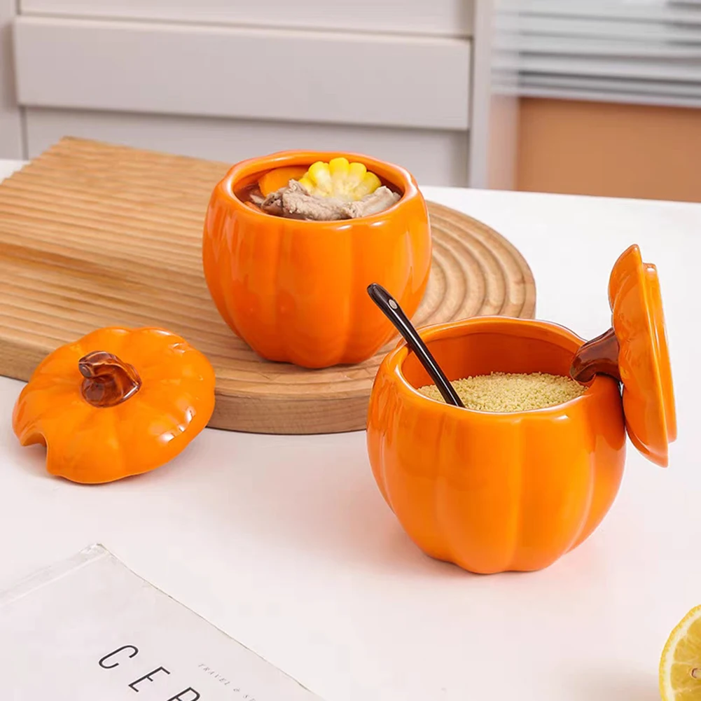 400mI Ceramic Soup Bowl with lid Creative Pumpkin shape Soup Bowl Household Large Soup Noodle Bowl Halloween Decoration