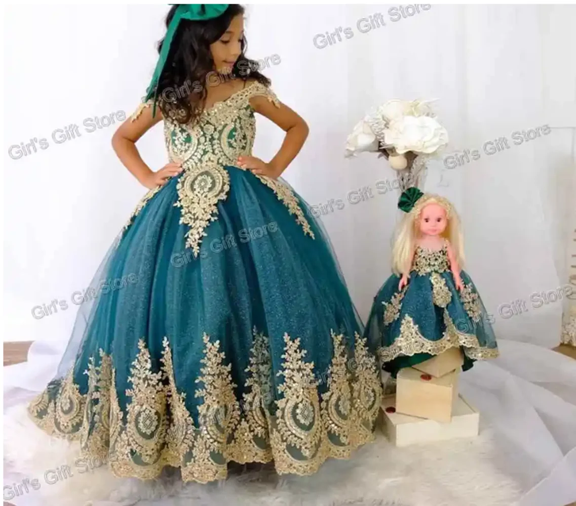 Flower Girl Dresses for Wedding Pageant Birthday Sleeveless Gold Appliques Beaded Child Holy First Communion Ball Gown