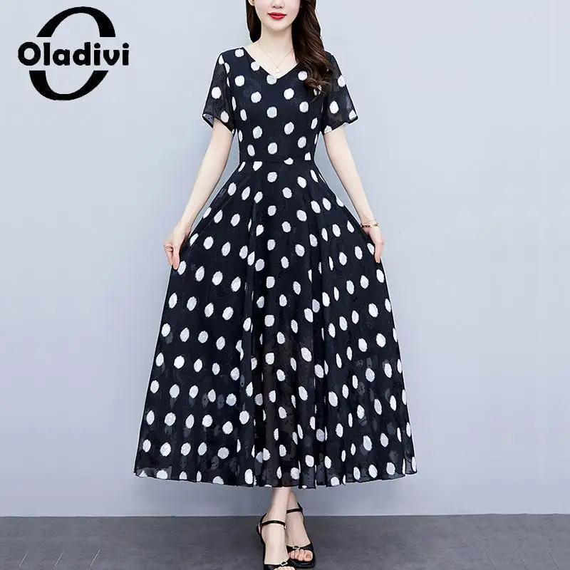 

Oladivi Big Size Women Casual Loose Fashion Polk Dot Print A-Line Dress 2023 Summer New Oversized Dresses Female Tunic Robe 8658