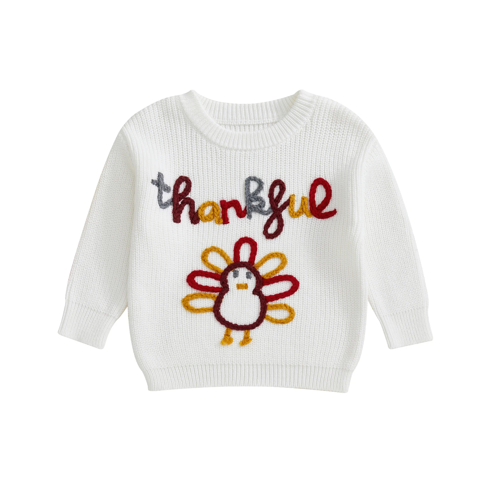  남아 여아 추수감사절 스웨터 터키 자수 크루넥 긴팔 풀오버 청키 니트 탑