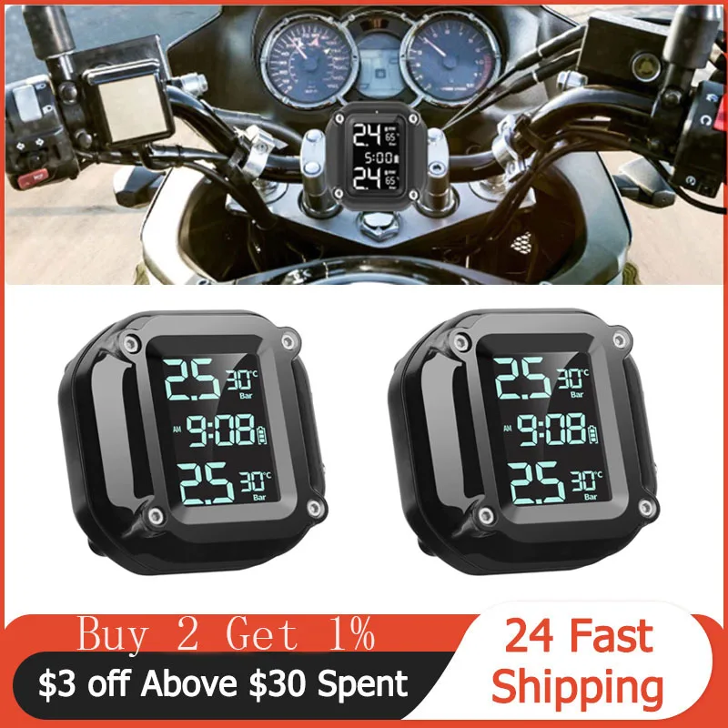 Motorcycle TPMS Wireless Motorbike Tire Tyre Temperature Pressure Monitoring Alarm System with 2 External Sensors USB Charging