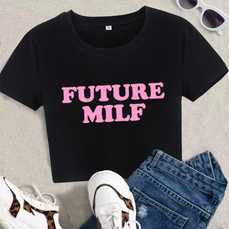 Pink Letter Printed Future Milf Y2k Crop Tops Grunge Graphic Cute Sexy Baby Tee 2000s Fashion Girl Tee Casual Raglan Sleeves 6