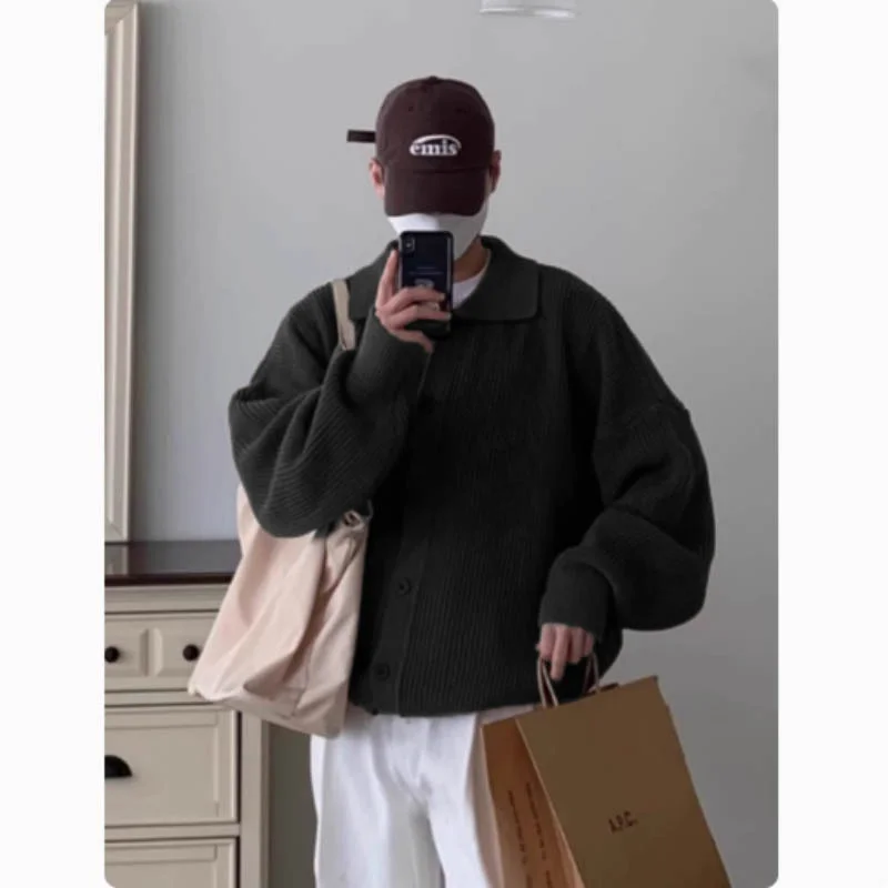 New Autumn and Winter Lapel Knitted Cardigan Jacket for Men Loose Lazy Style Sweater Korean Fashion Casual Top 6