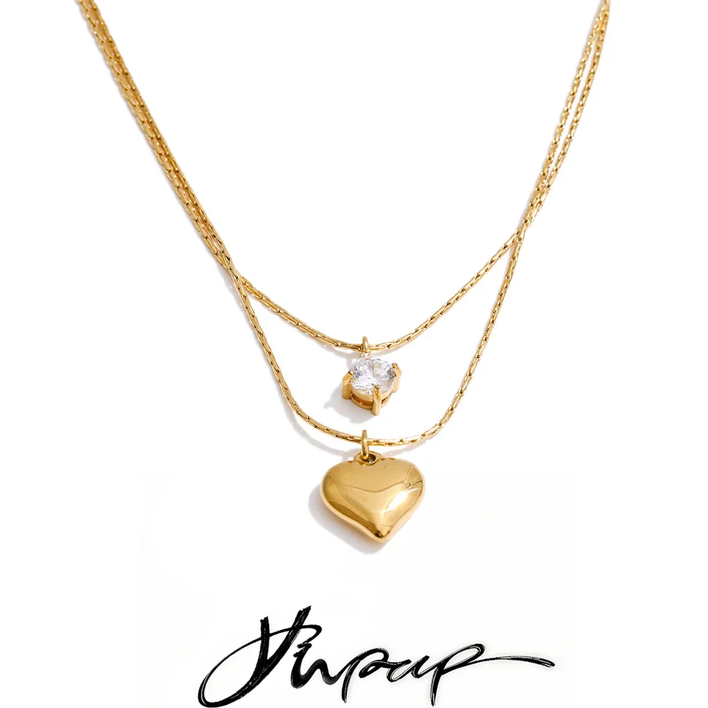 Yhpup Stainless Steel Double-Layer Cubic Zirconia Heart Drop Overlay Necklace